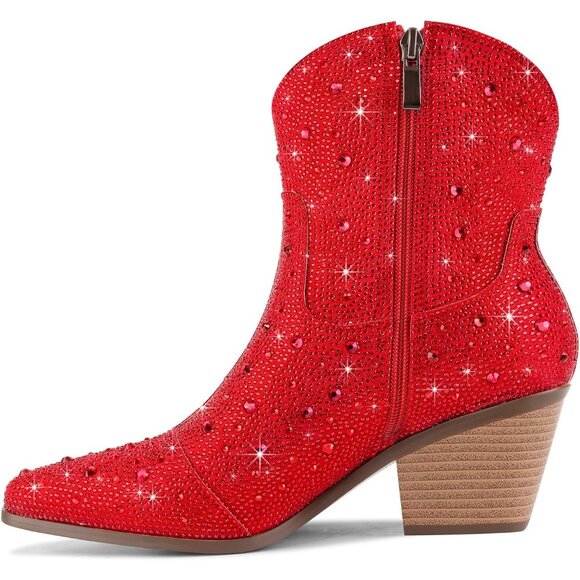 Women's Red Comfortable Rhinestone Chunky Heel Side Zipper Boots - Picture 4 of 8